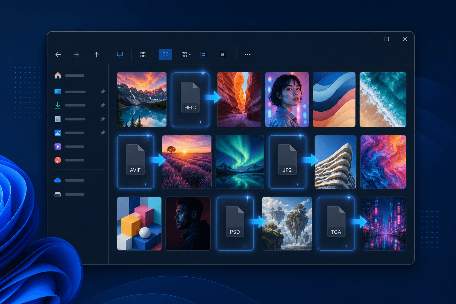 Windows Explorer showing thumbnails for HEIC, PSD, and JPEG 2000 files that normally appear as blank icons
