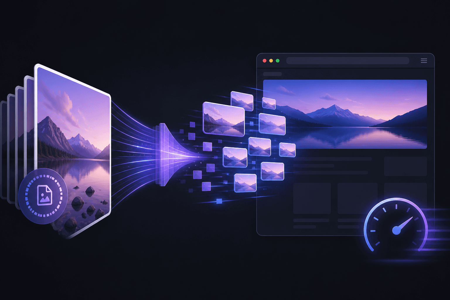 HEIC photos compressing into web-ready WebP tiles on a browser page