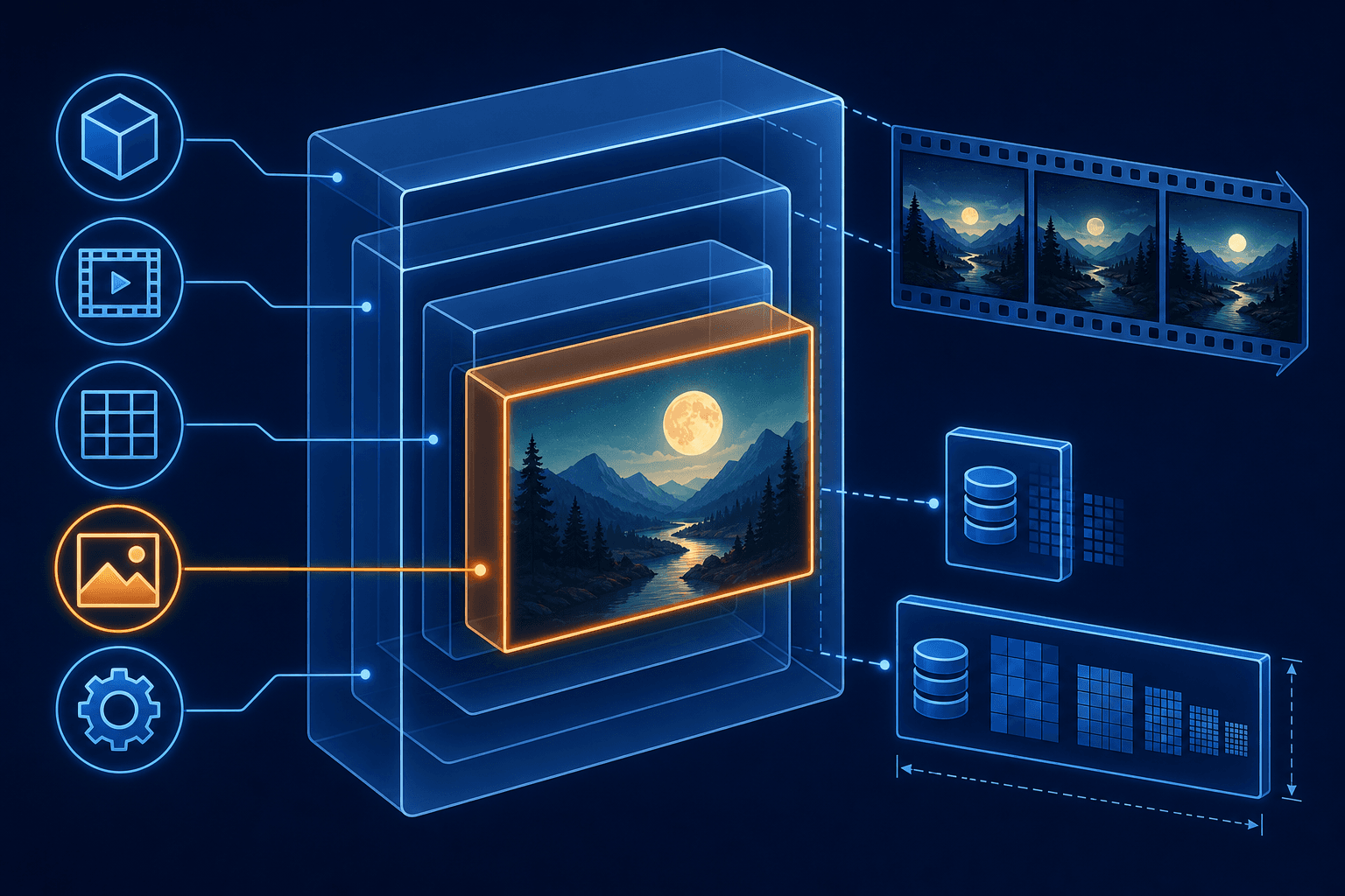 Verschachtelte ISOBMFF-ähnliche Container-Boxen um ein Landschaftsfoto, mit Symbolen für Video, Raster, Stillbilder und Metadaten