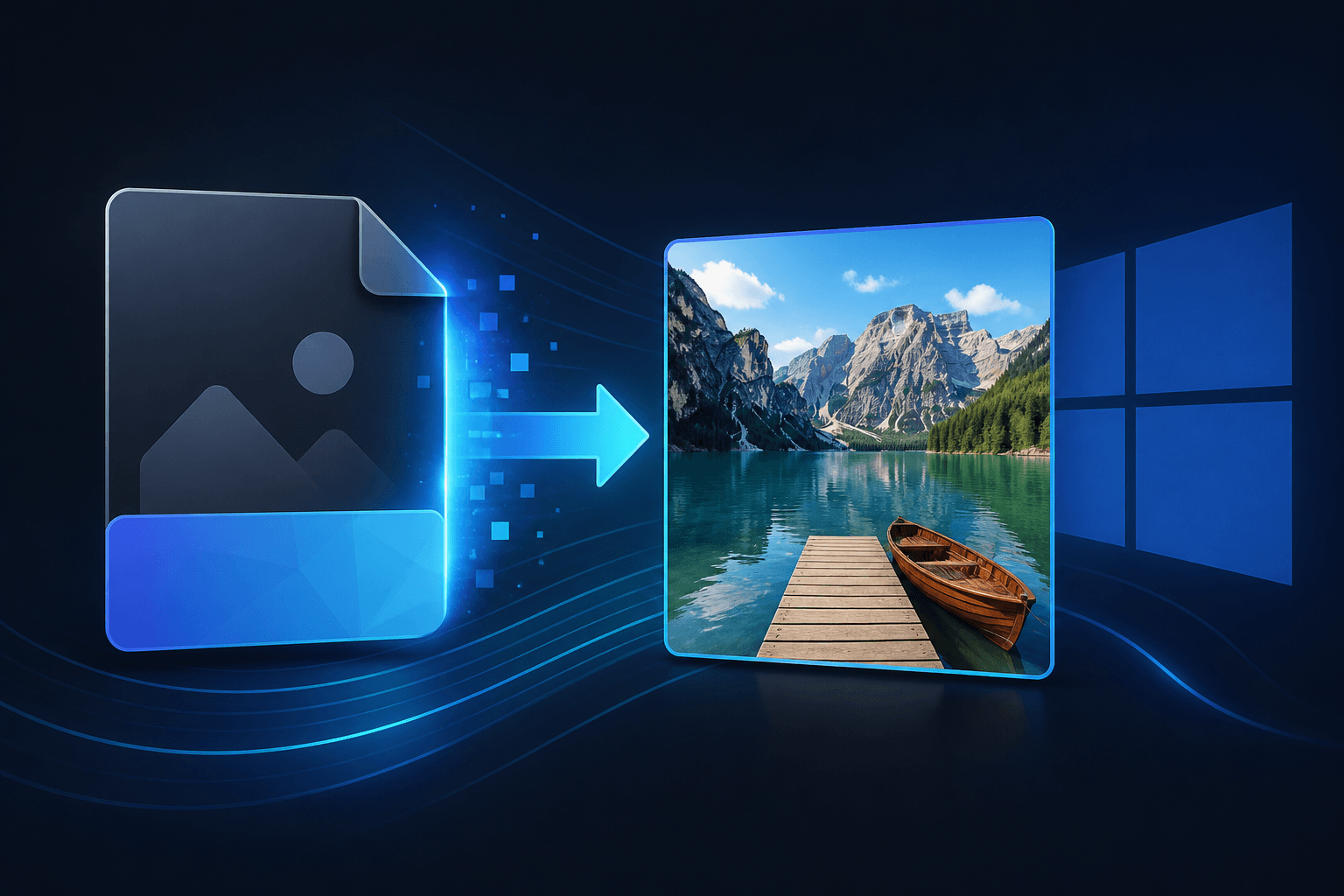 A .HEIC file icon opening into a clear photo on Windows