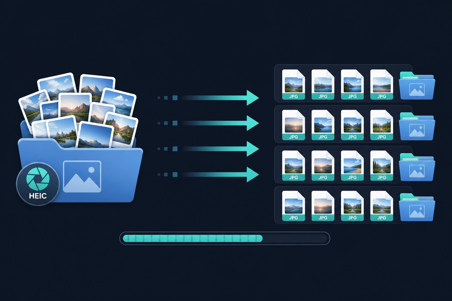 A folder of HEIC photos batch-converting into organized JPG rows on Windows