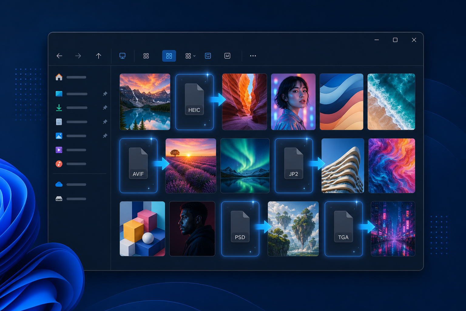 Windows Explorer showing thumbnails for HEIC, PSD, and JPEG 2000 files that normally appear as blank icons